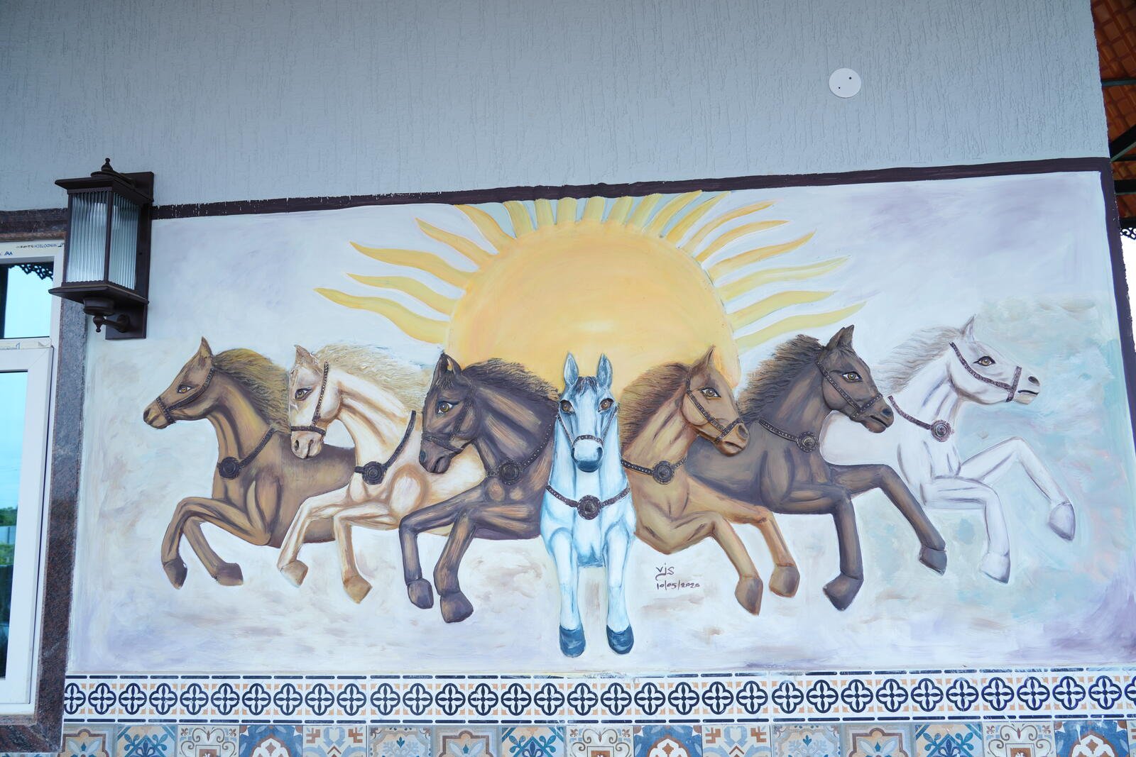 Hand-painted Saptha Ashwa seven horses mural at LP Nature Nest